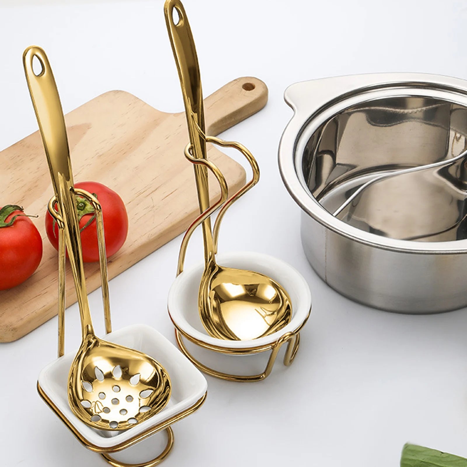 Black stainless steel slotted spoon and whisk holder for kitchen, versatile utensil rest for hotpot and household use.