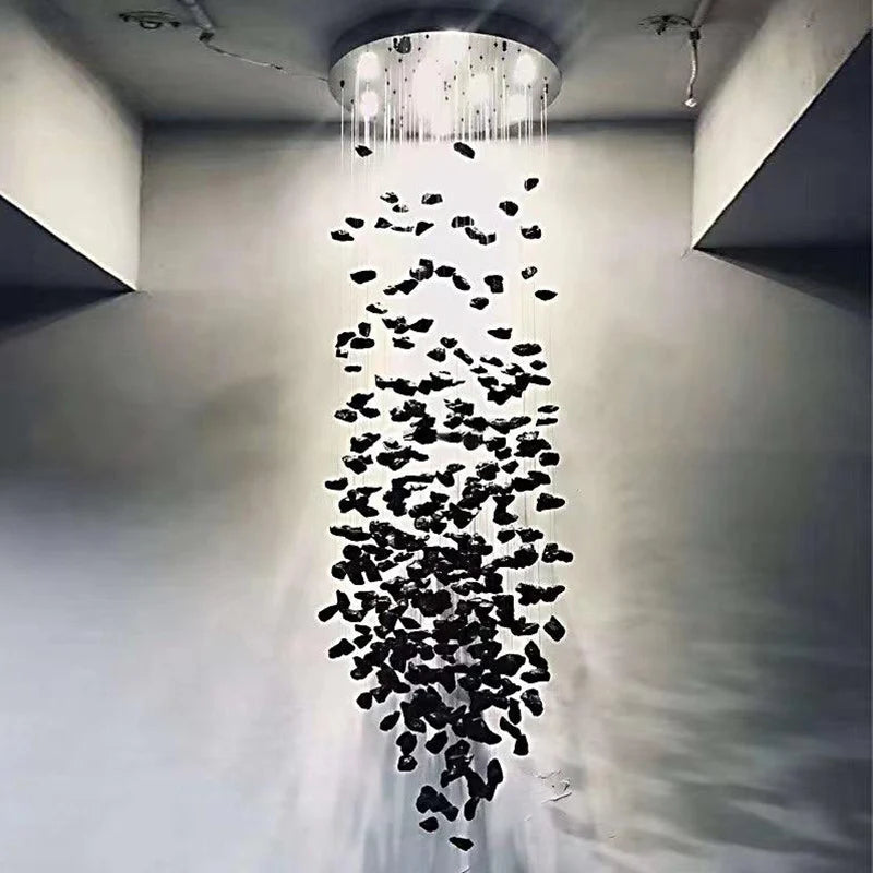 Black Art Luxury Stone Crystal Chandelier by MC THE BLACK DIAMOND, modern LED hanging lamp with crystal accents for staircase or hallway.