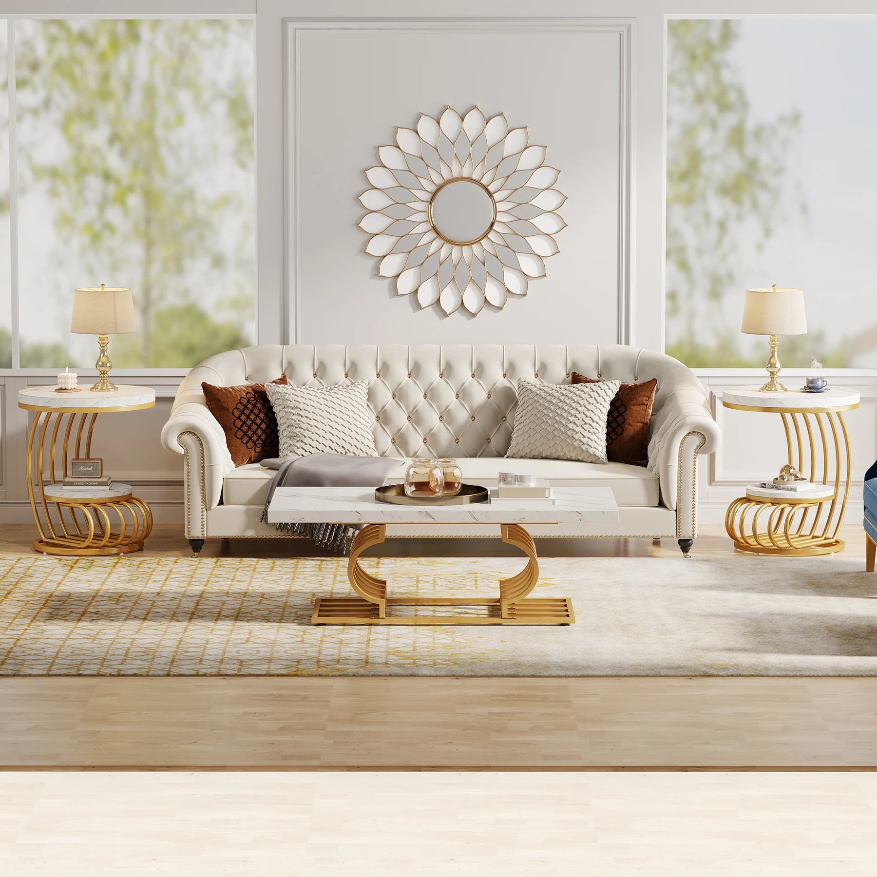 Modern white and gold round end table with two tiers, faux marble surface, and storage shelf by MC THE BLACK DIAMOND.