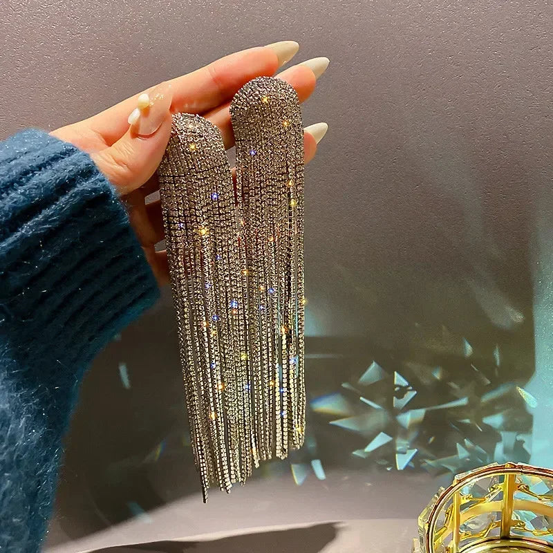 MC THE BLACK DIAMOND FYUAN long tassel rhinestone drop earrings with crystal dangles for women, fashion jewelry accessory.