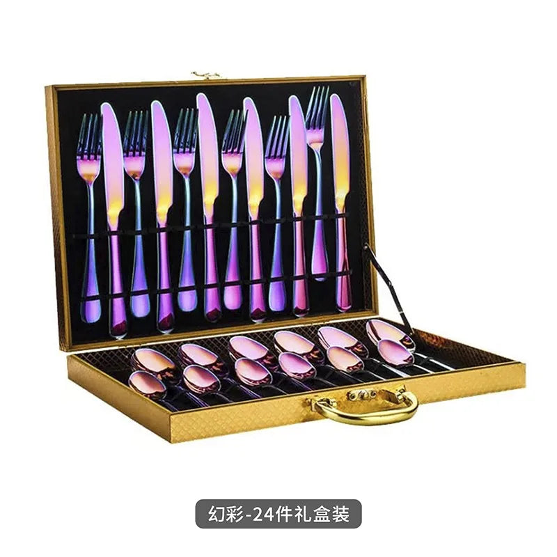Set of 24 stainless steel kitchen cutlery including knives, forks, and spoons from 𝕄𝕔 𝕋𝕙𝕖 𝔹𝕝𝕒𝕔𝕜 𝔻𝕚�