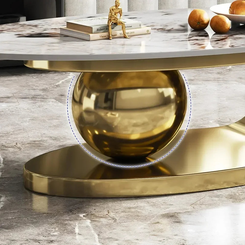 Modern Oval Stone Coffee Table with Abstract Gold Metal Base - Perfect for Stylish Living Rooms-Gold,51"Lx28Wx16.5H - https://mohammadcollection.com
