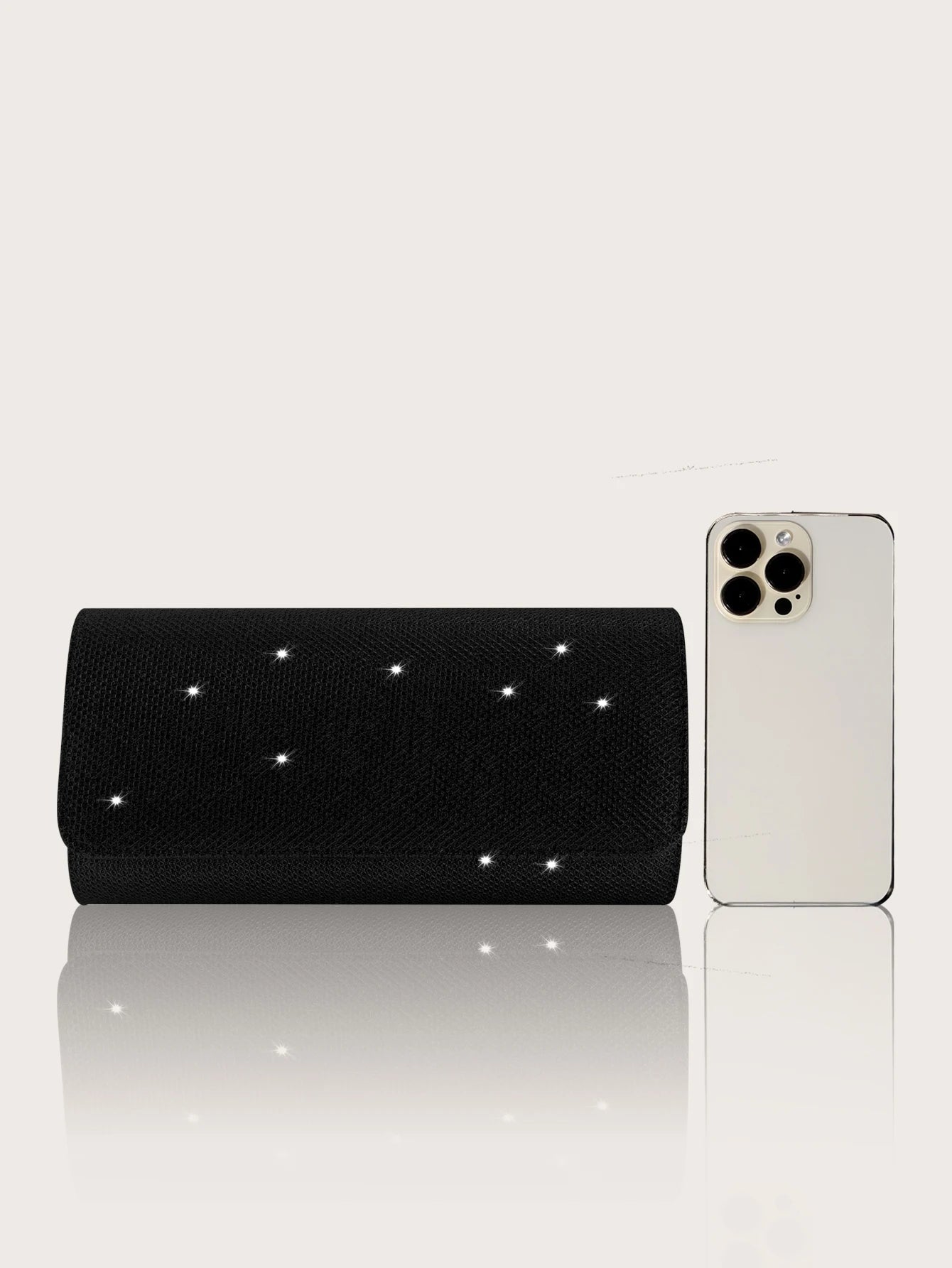 Elegant MC THE BLACK DIAMOND sparkly party clutch handbag with rhinestone jewelry set including necklace, earrings, and bracelet.