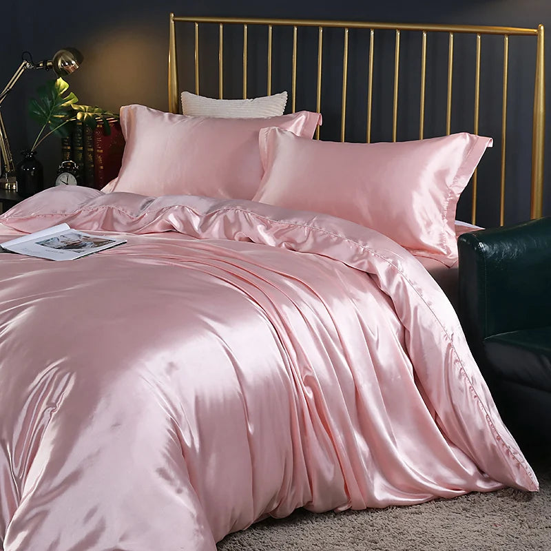 Luxury silk bedding set including duvet cover, fitted sheet, flat sheet, and pillowcases in solid color by 𝕄𝕔 𝕋𝕙𝕖 𝔹𝕝𝕒𝕔𝕜 𝔻�
