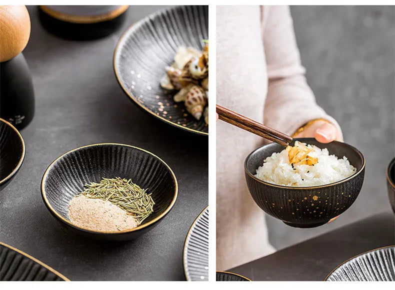 Black porcelain dinner plates with gilt rim, part of ๐๐ ๐๐๐ ๐น๐๐๐๐ ๐ป๐๐๐๐ ๏ฟฝ