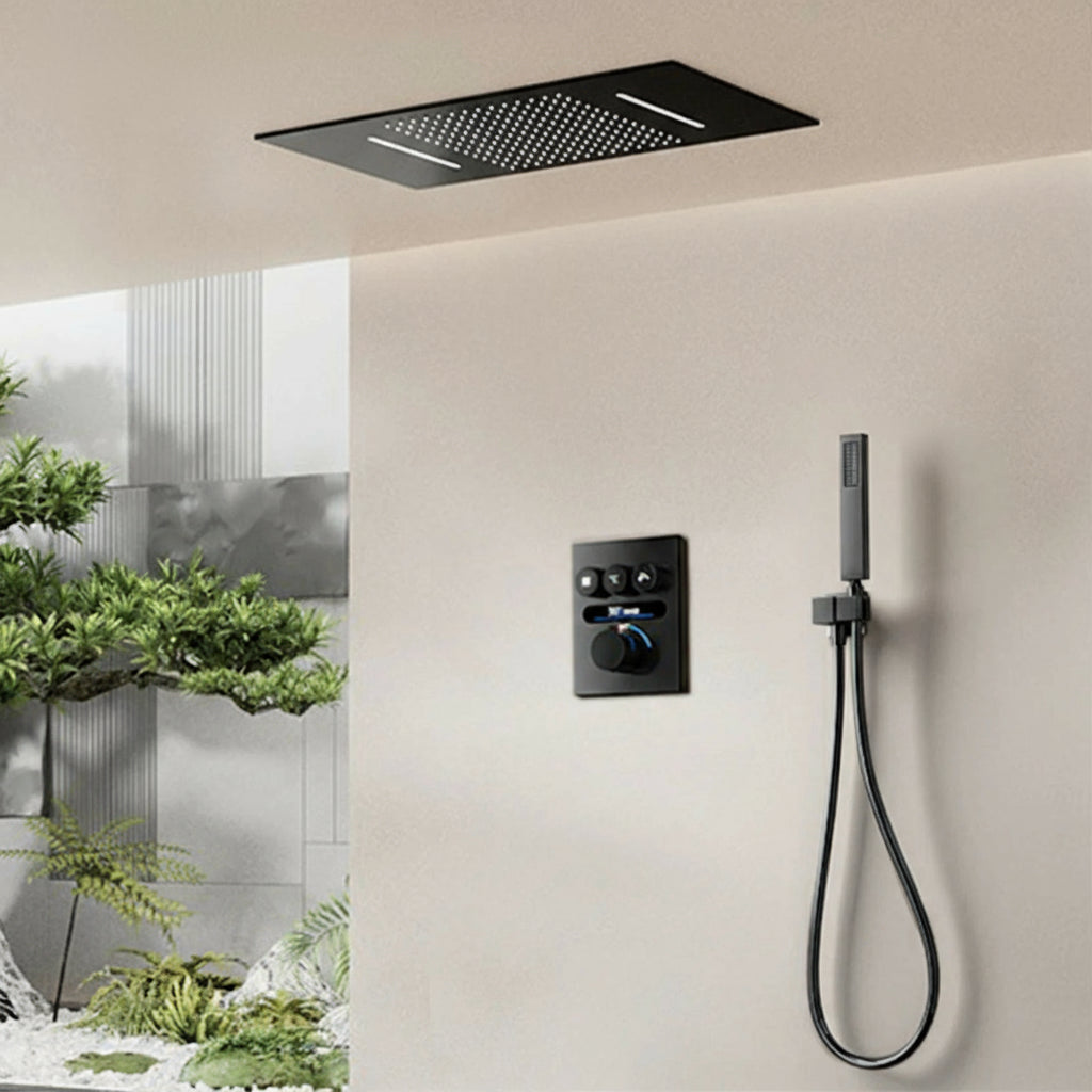 Luxury MC The Black Diamonds gold LED digital shower system with constant temperature control and ceiling bath mixer.
