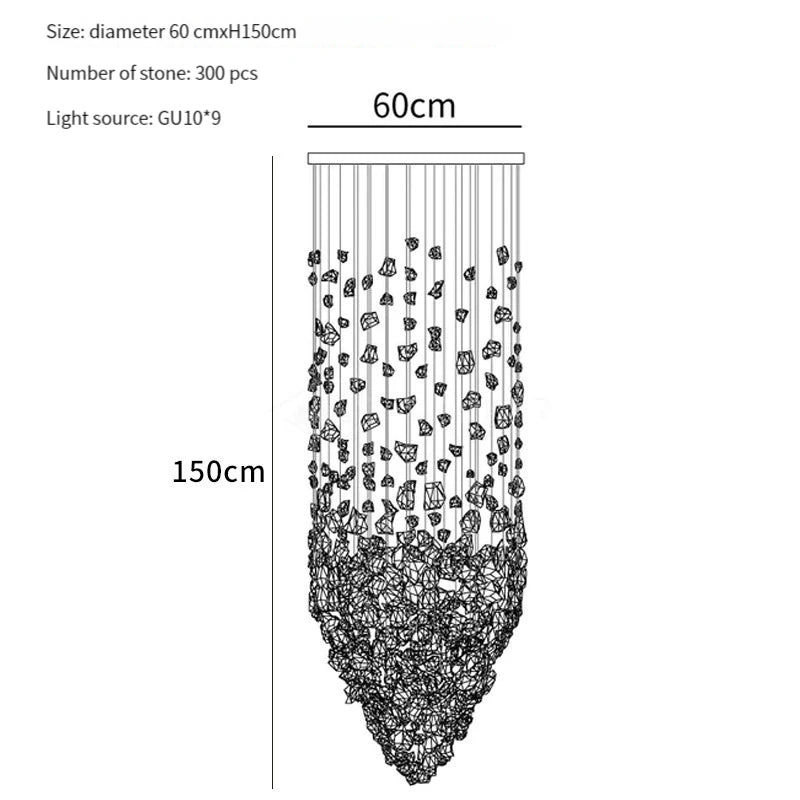 Black Art Luxury Stone Crystal Chandelier by MC THE BLACK DIAMOND with LED crystals, ideal for staircase, hallway, or lobby lighting.