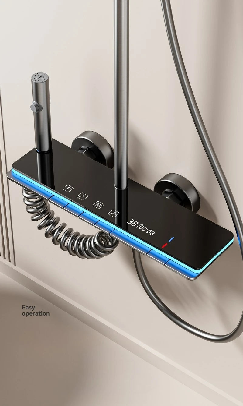 Grey MC The Black Diamonds four-mode digital bathroom shower system with rainfall shower head and temperature display.