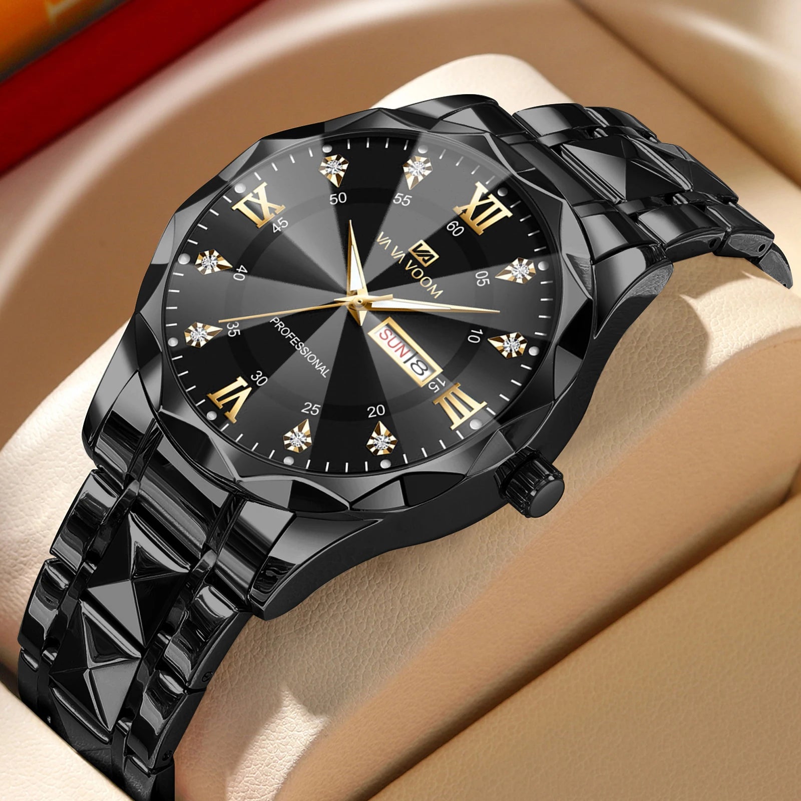 Men Watch Water Diamond Luxury Night Glow Double Calendar Quartz Movement 41mm Blue Gold Stainless Steel Fashion Business Watch - https://mohammadcollection.com