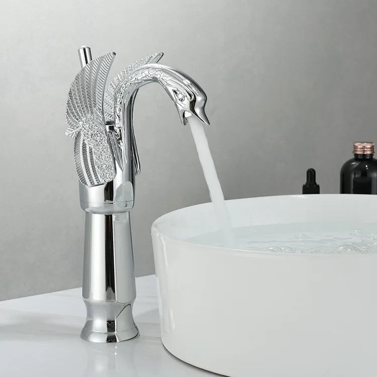 Golden basin faucet with swan shape, deck mount sink hot and cold water mixer tap, single handle design by MC THE BLACK DIAMOND.
