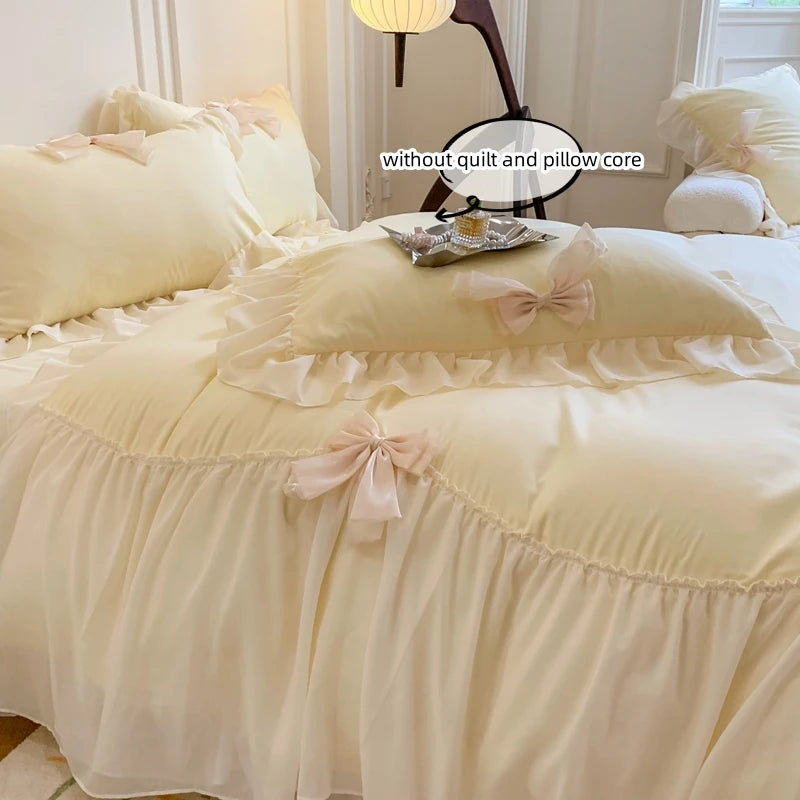 Three-piece white bedding set with ruffled duvet cover by 𝕄𝕔 𝕋𝕙𝕖 𝔹𝕝𝕒𝕔𝕜 𝔻𝕚𝕒𝕞𝕠