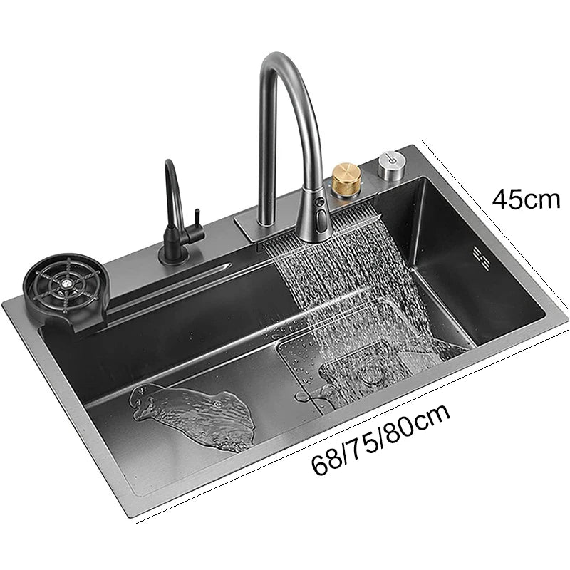 Black nano kitchen sink faucet with waterfall spout, soap dispenser, single bowl, stainless steel design, from šš ššš š¹šššš š»ļæ½