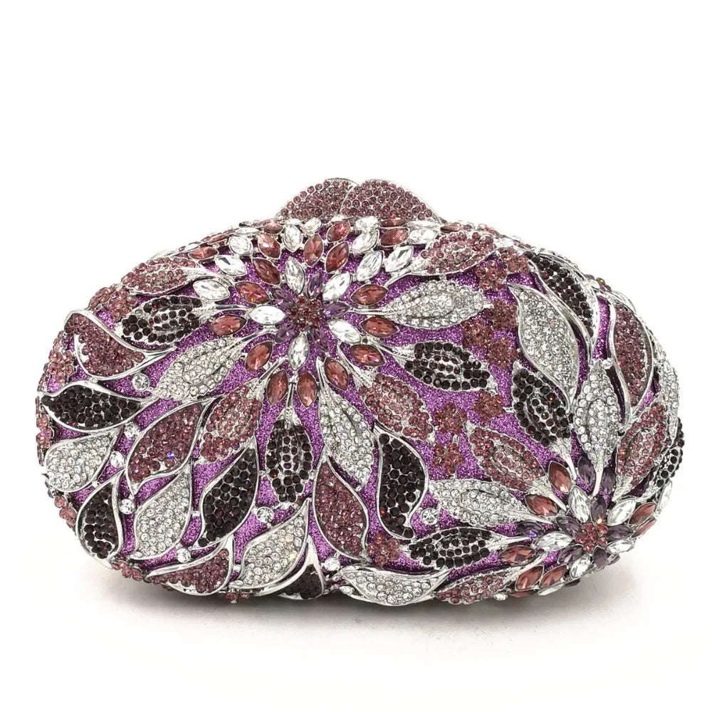 Gold metal leaves and white crystal evening clutch bag by MC THE BLACK DIAMOND, luxury women’s wedding party mini heart handbag.