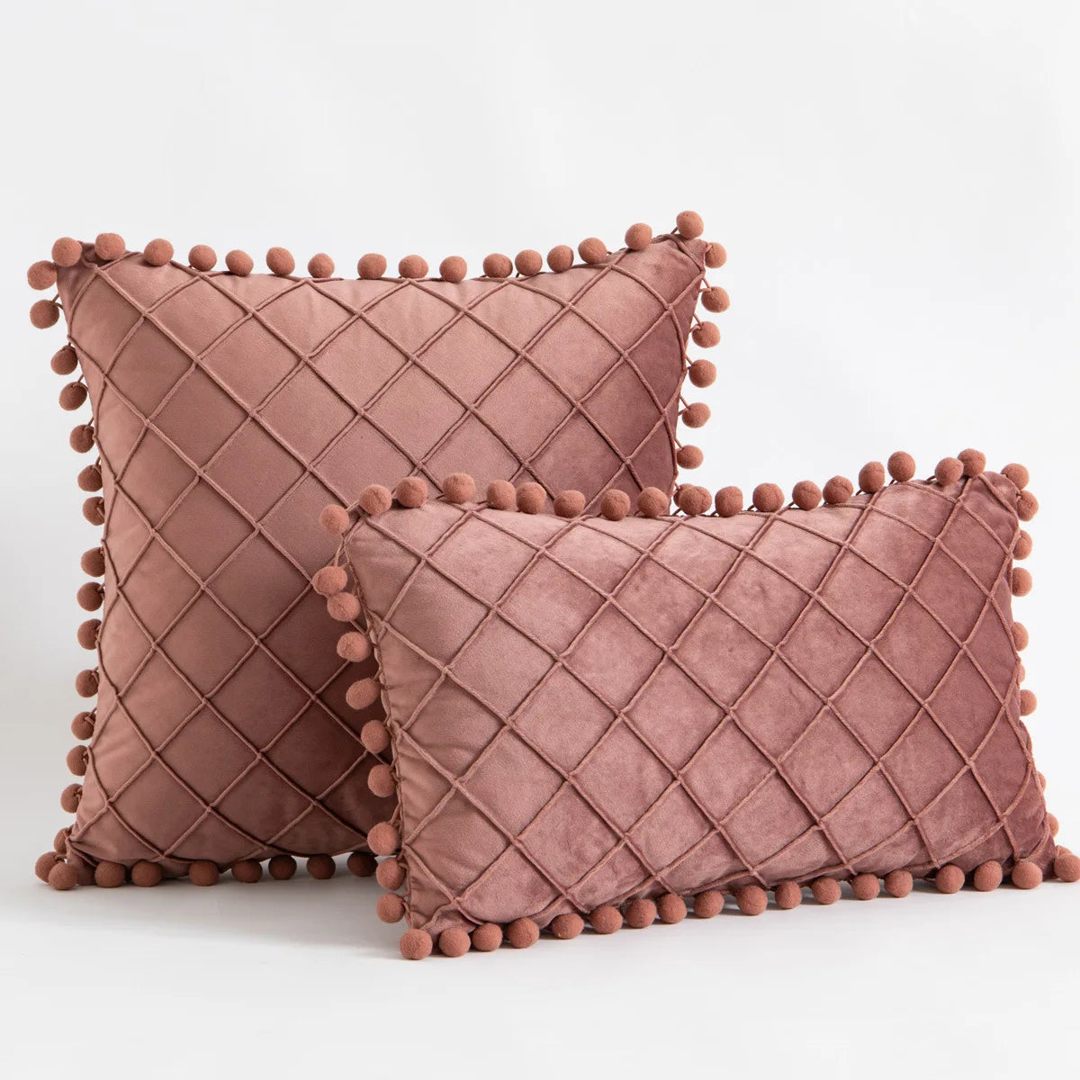 Yellow orange velvet lumbar pillow cover with diamond stripes, pompom tassels, suitable for 30x50cm or 45x45cm home decor.