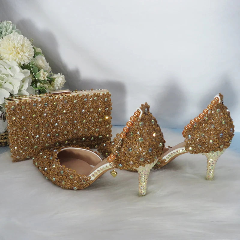 Coffee-colored Mohammad Collection wedding shoes and matching purse with lace-up heels, pointed toe, ankle strap, and pearl accents.