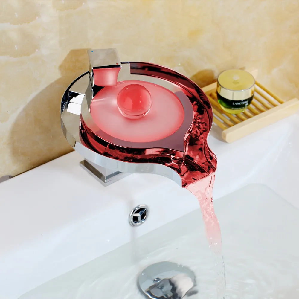 MC THE BLACK DIAMOND ZAPPO LED RGB bathroom basin sink faucet with waterfall design, chrome finish, hot and cold water mixer tap