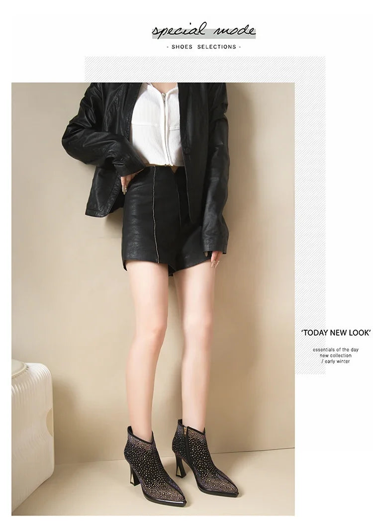 Women's short boots with thick square high heels from Mohammad Collection, featuring stylish design and ankle-length cut.