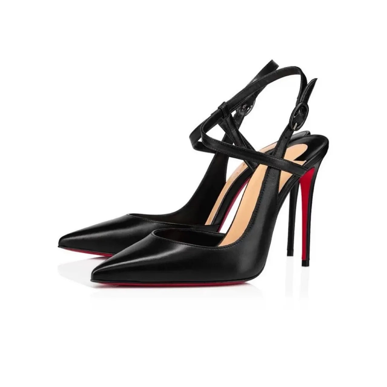 Pointed toe black leather women’s stiletto sandals with red bottoms and one strap from 𝕄𝕮 𝕋𝕙𝕖 𝔹𝕝𝕒𝕔𝕜 𝔻𝕚�