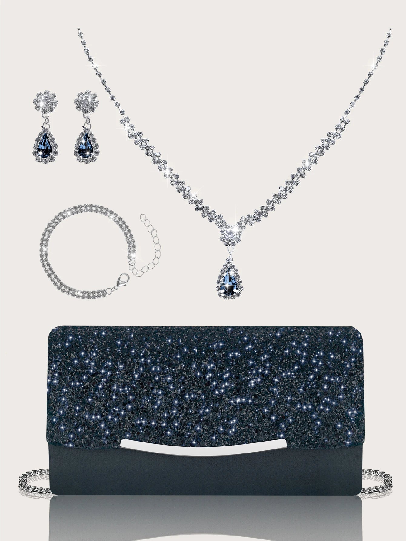 Stylish MC THE BLACK DIAMOND sequined women's hand bag with rhinestone jewelry set including necklace, earrings, and bracelet.