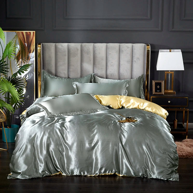Three-piece silky satin duvet cover set from MC The Black Diamonds, shown with smooth, shiny fabric in a modern bedroom setting.