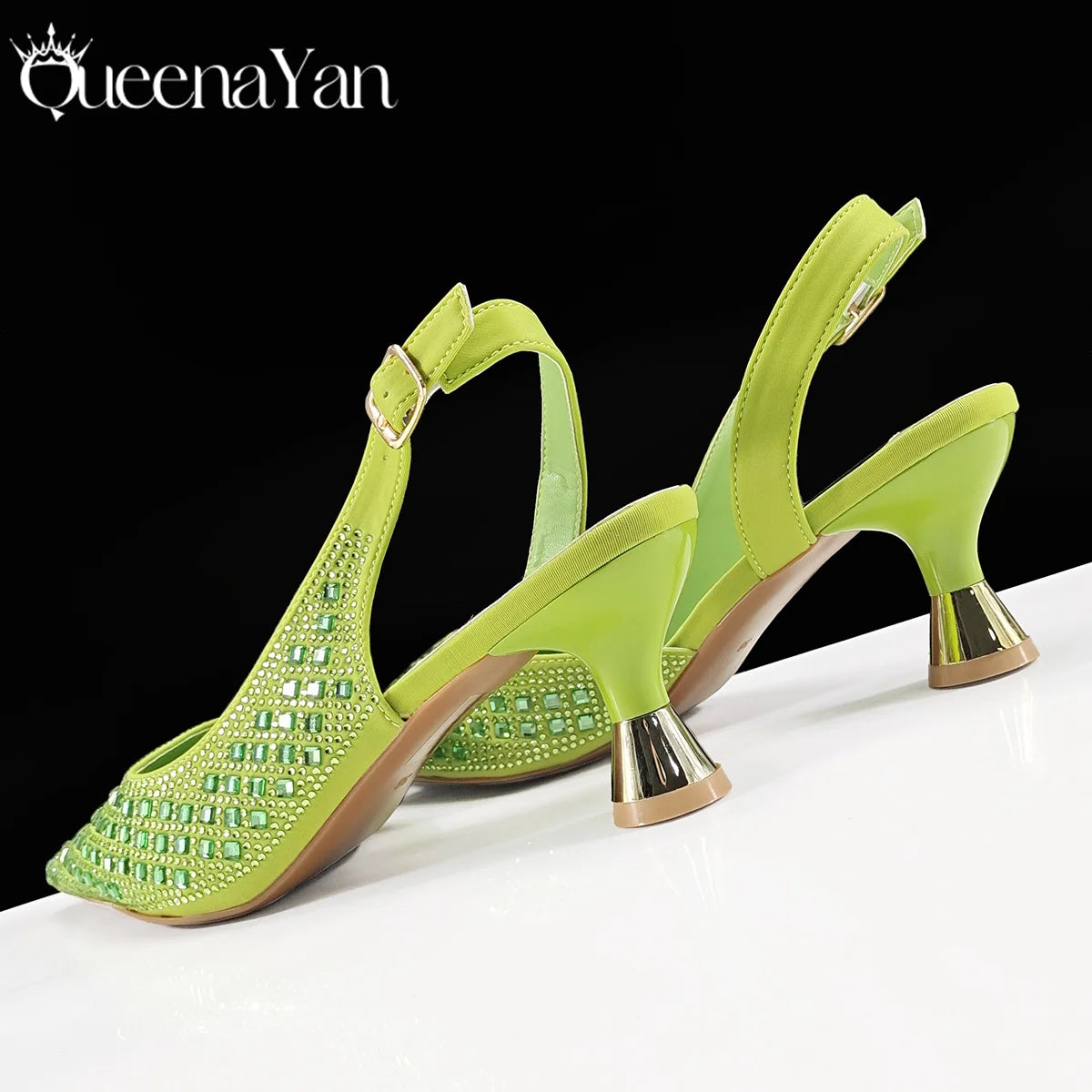 Green pointed toe shoe and matching bag set by Queena Yan featuring rhinestones, perfect for parties, high-quality Italian design.