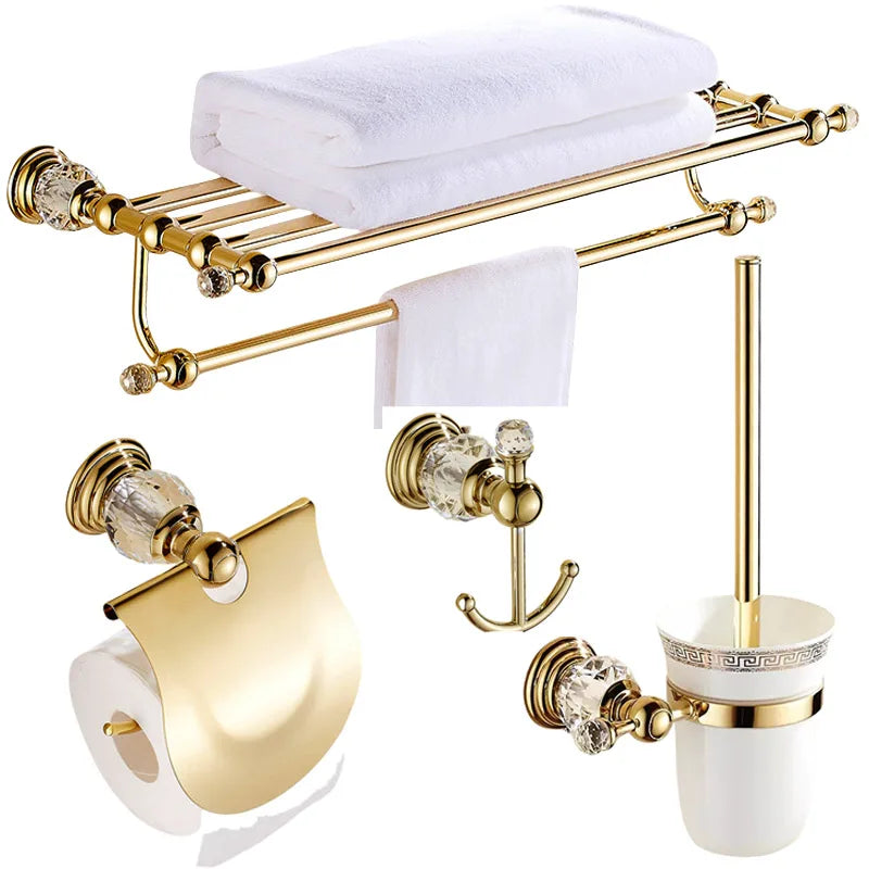 Luxury Gold Polished Brass Bathroom Accessories Set - Wall-Mounted Crystal Bath Hardware Collection - https://mohammadcollection.com