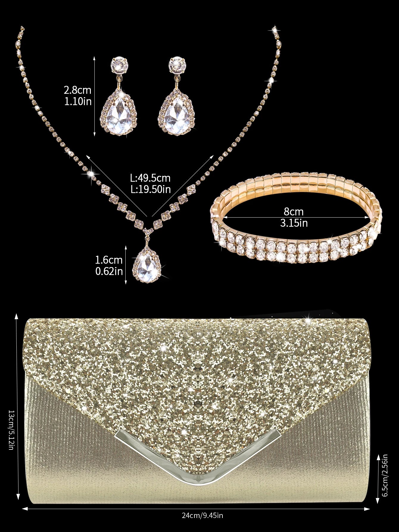 Luxurious MC THE BLACK DIAMOND sequined evening clutch with rhinestone jewelry set including necklace, earrings, and bracelet.