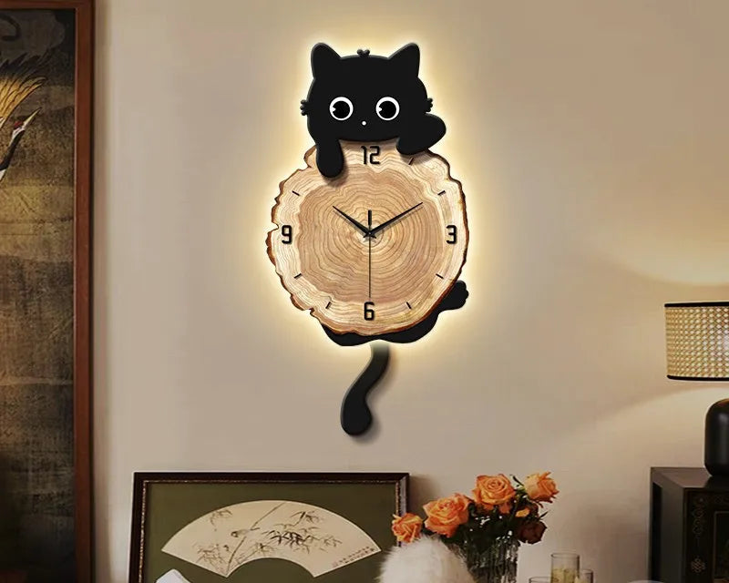 Nordic retro style MC THE BLACK DIAMOND cat wall clock with LED light, luminous cartoon design for living room wall decor