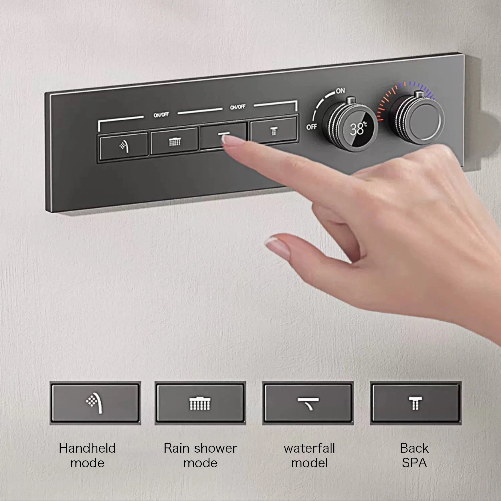 Luxury gray brass shower system with ceiling design, hidden LED display, dual hot and cold controls, by šš ššš š¹šššš š»š