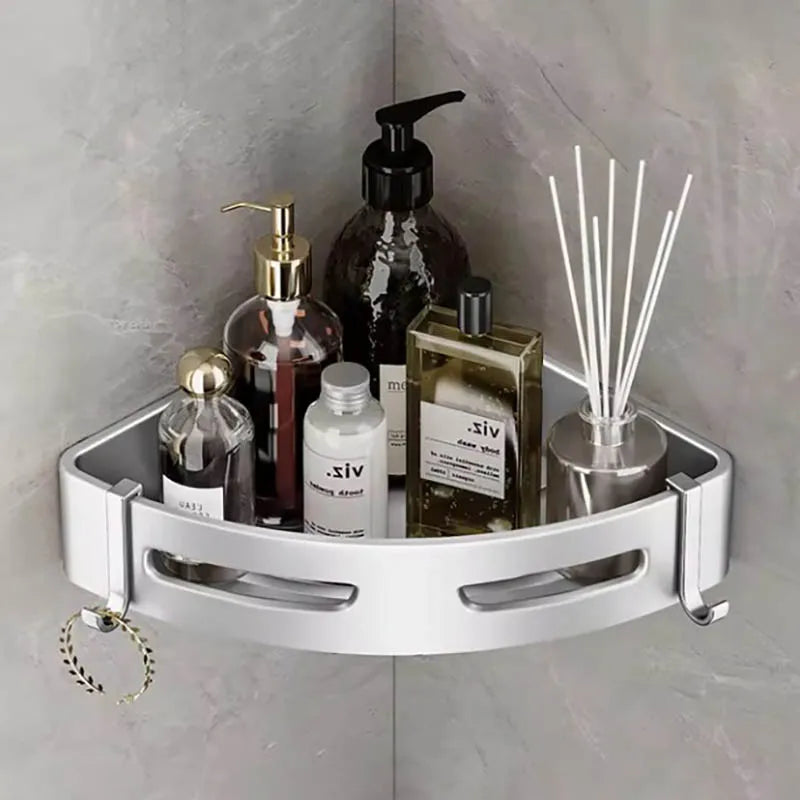 Black metal bathroom triangle shower caddy for storage, featuring multiple tiers for organizing toiletries in the shower room.