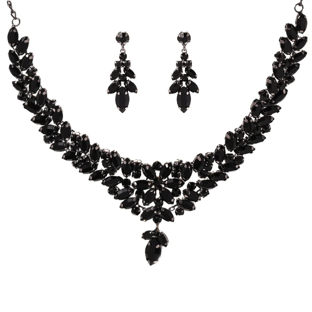MC THE BLACK DIAMOND black leaves jewelry set with crystal rhinestone necklace and earrings, perfect for bridal or boho wedding style.