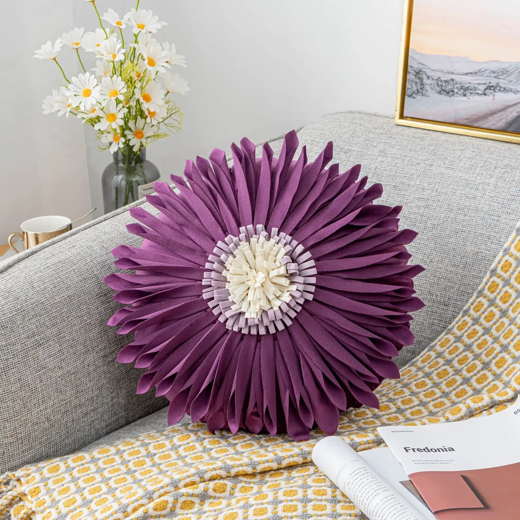 Pink and white modern style velvet throw pillow with 3D chrysanthemum embroidery, 45x45cm, by MC THE BLACK DIAMOND.
