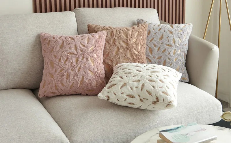 Gold feather decorative pillow cover featuring plush velvet fabric, designed for sofa or car, with Nordic-inspired style, 45x45 cm.