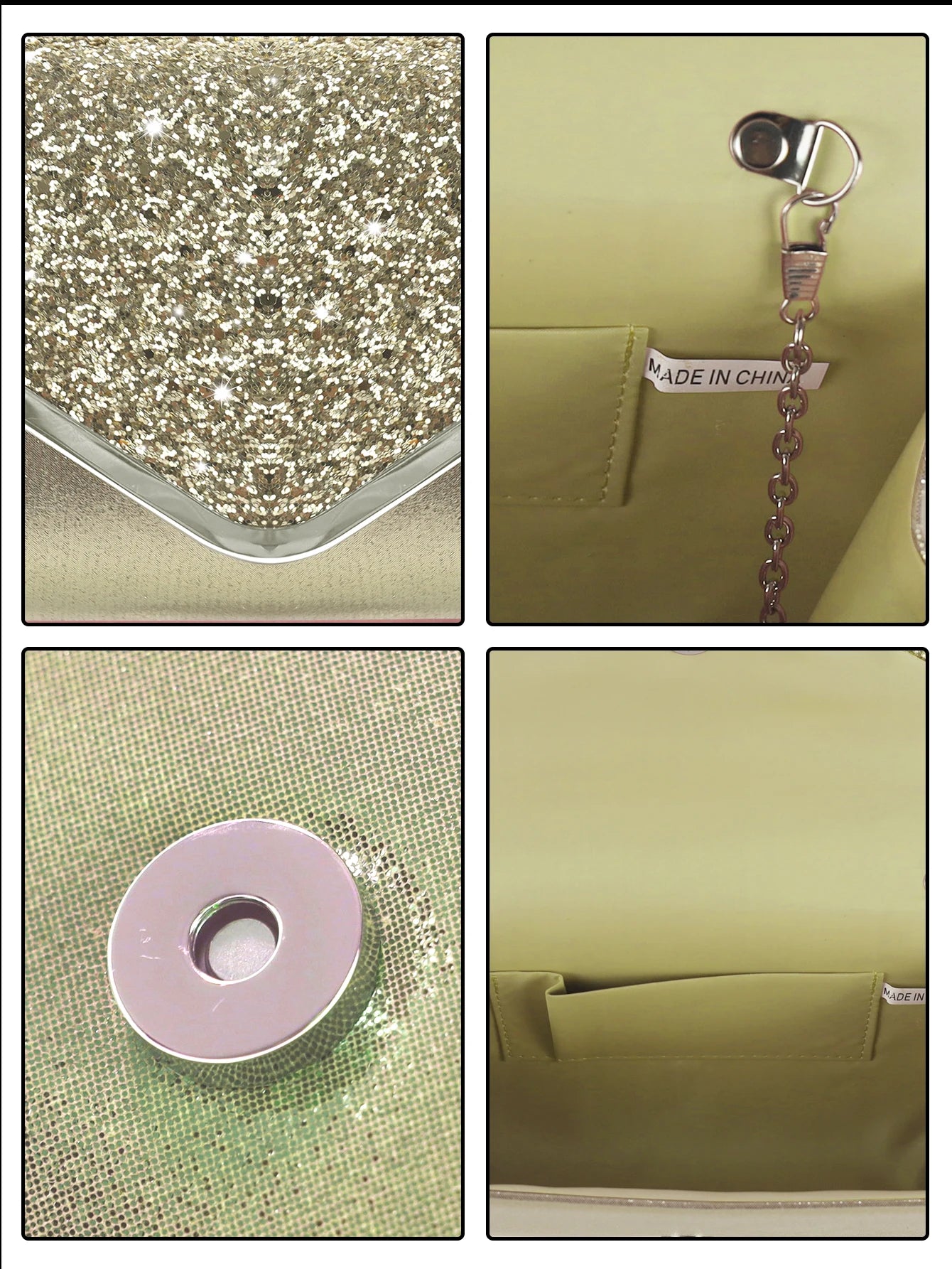 Sparkling MC THE BLACK DIAMOND sequined evening clutch with rhinestone necklace, earrings, and bracelet set for women.