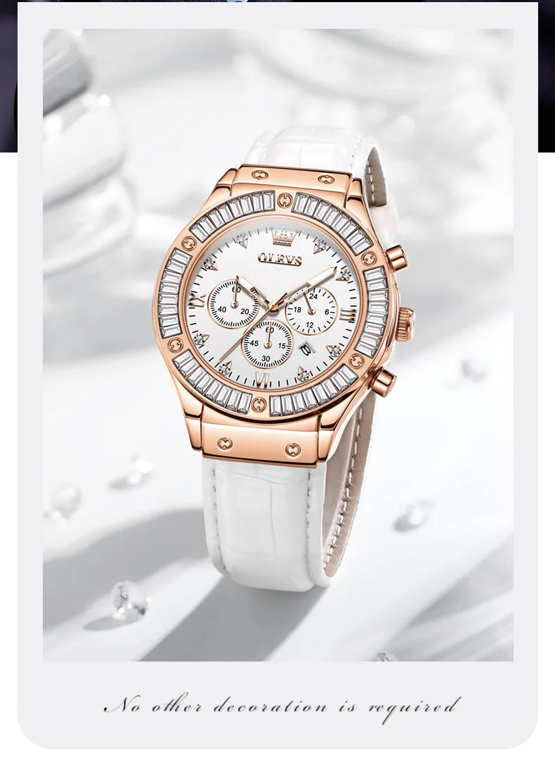 Elegant women's leather strap watch by Mohamad Collection with diamond bezel, quartz movement, waterproof, and chronograph features.