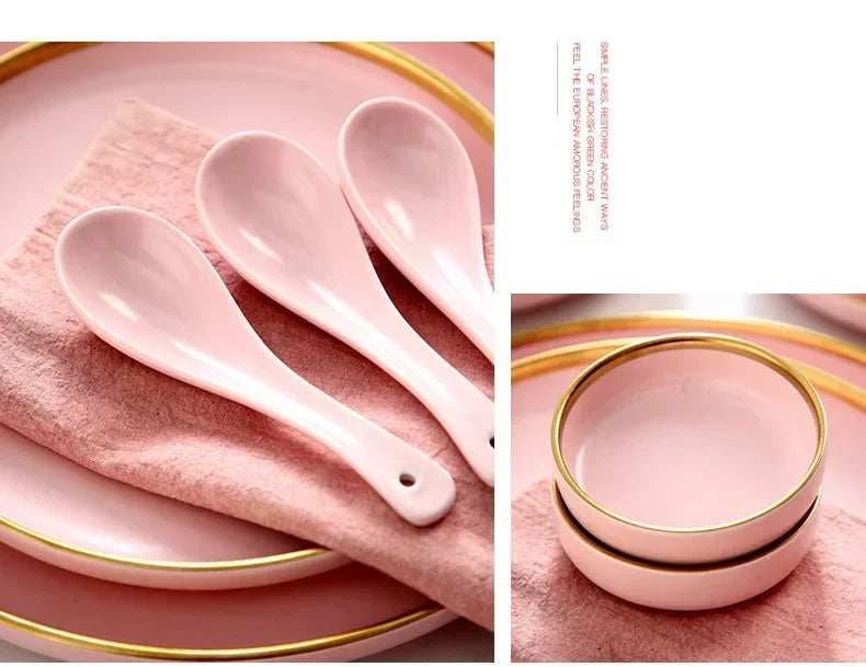 Pink porcelain dinner plate with gilt rim from 𝕄𝕔 𝕋𝕙𝕖 𝔹𝕝𝕒𝕔𝕜 𝔻𝕚𝕒𝕞𝕠𝕟