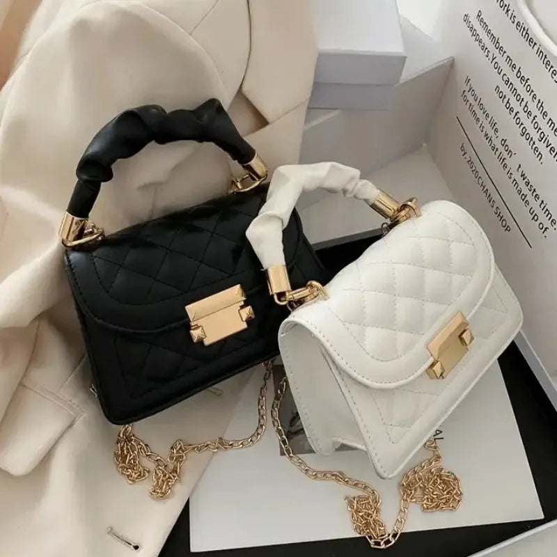 Womenโs grid pattern tote bag with buckle detail, flap wallet, and PU leather crossbody strap from Mohammad Collection.