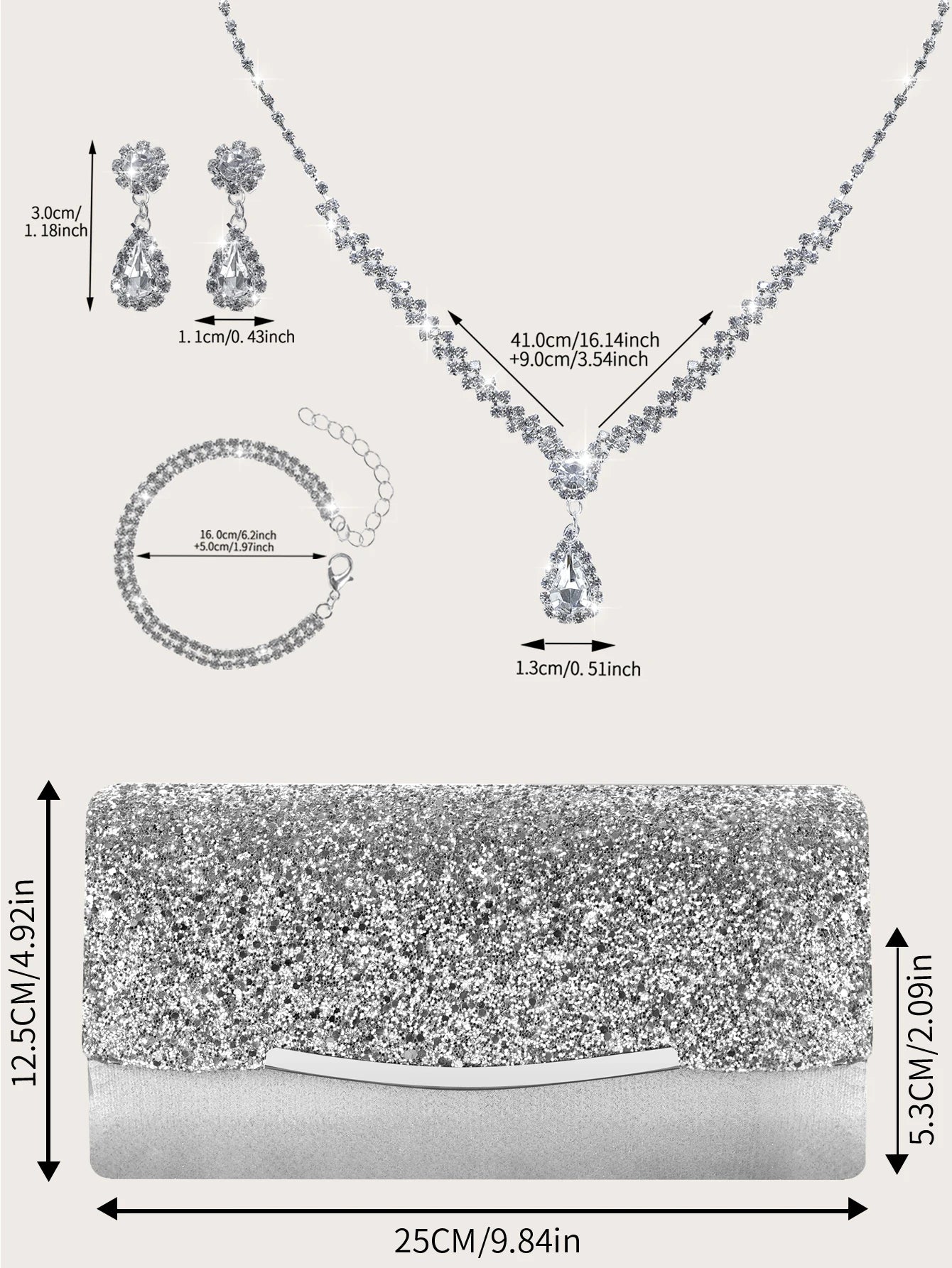 Sequin women's hand bag by MC THE BLACK DIAMOND with rhinestone jewelry set including necklace, earrings, and bracelet.