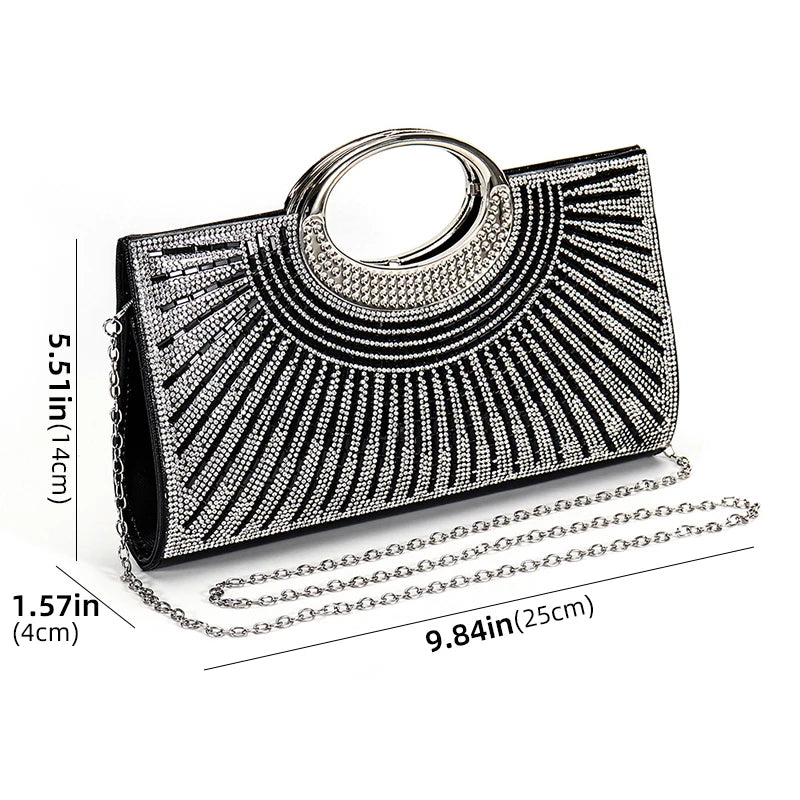 Elegant rhinestone sequin evening clutch bag with chain, luxury diamond details, suitable for wedding and party events.
