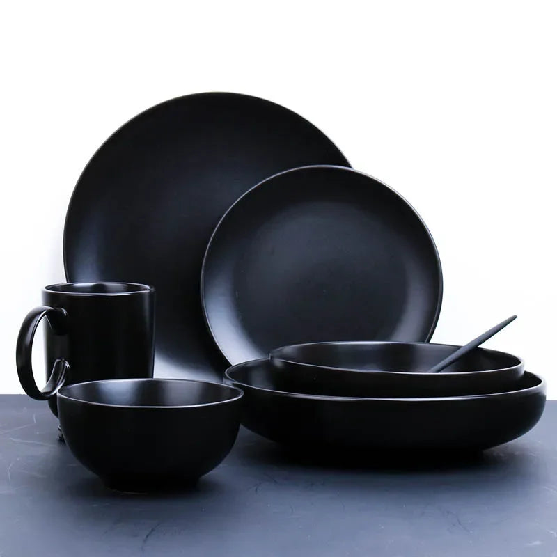 Black ceramic breakfast milk cup and deep soup plate set by 𝕄𝕔 𝕋𝕙𝕖 𝔹𝕝𝕒𝕔𝕜 𝔻𝕚𝕒𝕞𝕠
