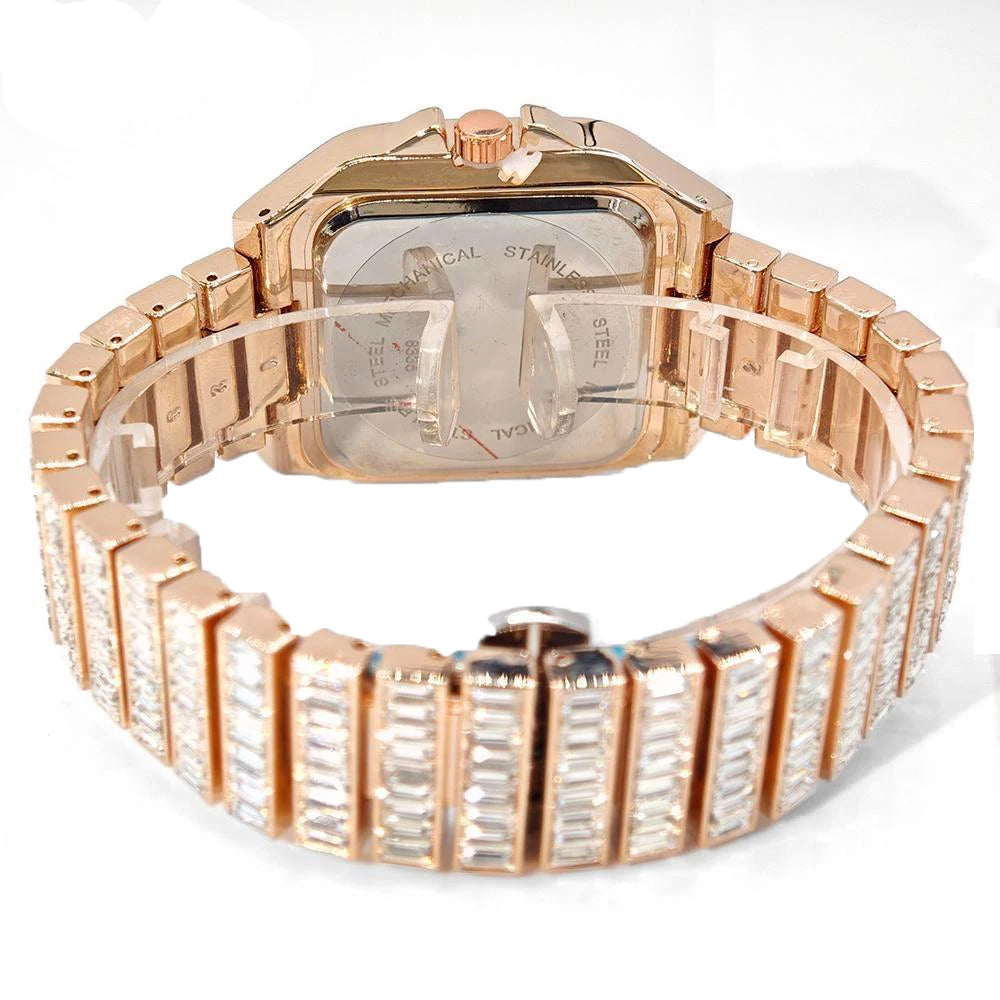Luxury Rose Gold MC THE BLACK DIAMOND men's stainless steel quartz watch with iced-out diamonds and rectangular face.