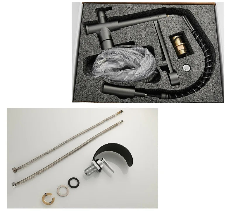 Black and white GEGVE waterfall washbasin faucet by MC THE BLACK DIAMOND with hot and cold water handles, suitable for sink or bathtub.