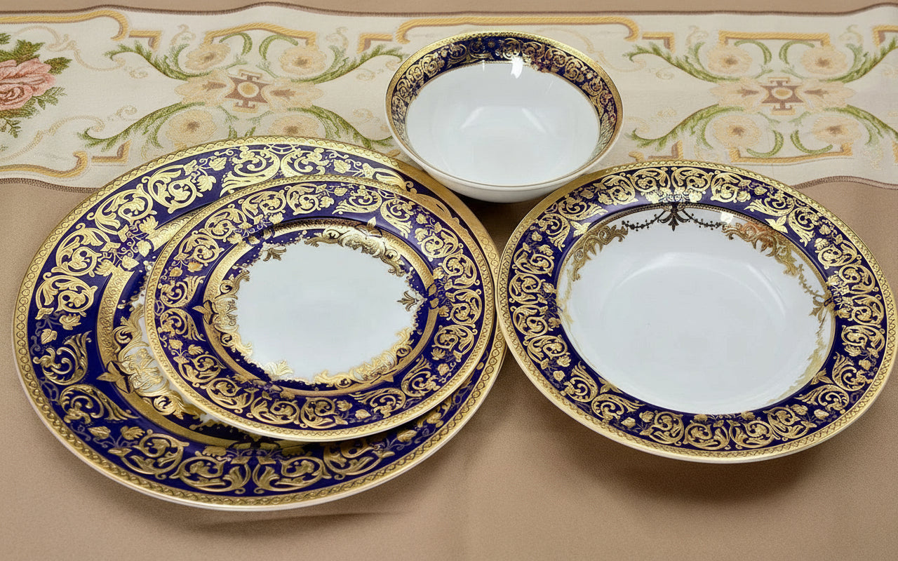 Royal Style embossed gold rim ceramic dinner plates and bowls set by MC THE BLACK DIAMOND, elegant kitchen dinnerware collection
