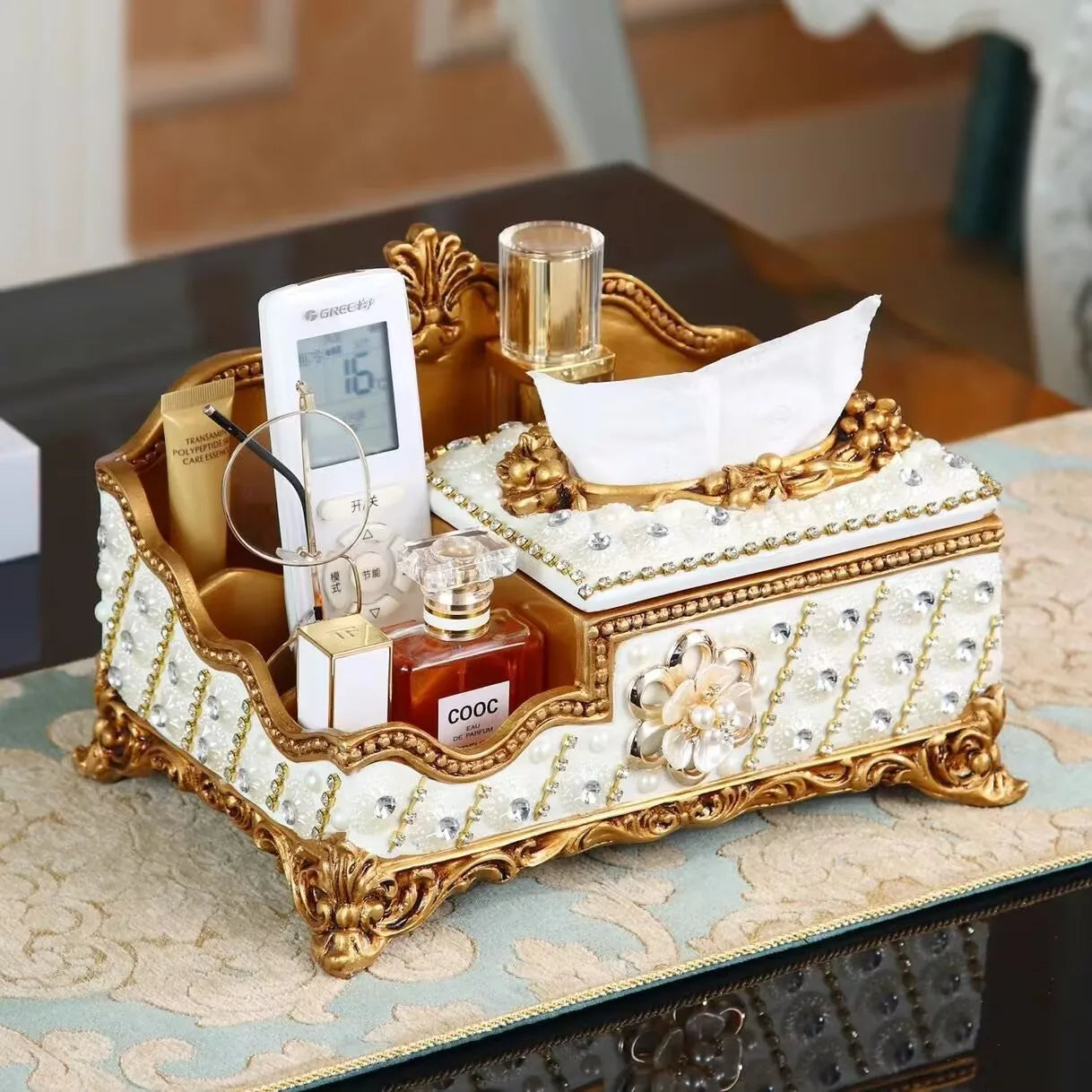 European Resin Diamond Fruit Plate decorative bowl by MC THE BLACK DIAMOND, featuring dried fruit, candies, and tissue box ornaments.