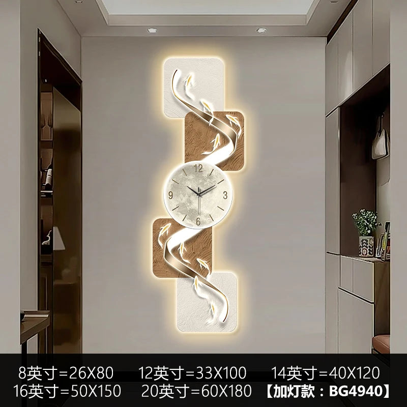Modern wall clock featuring nine fish design with LED luminescent accents, suitable for living rooms and corridors.
