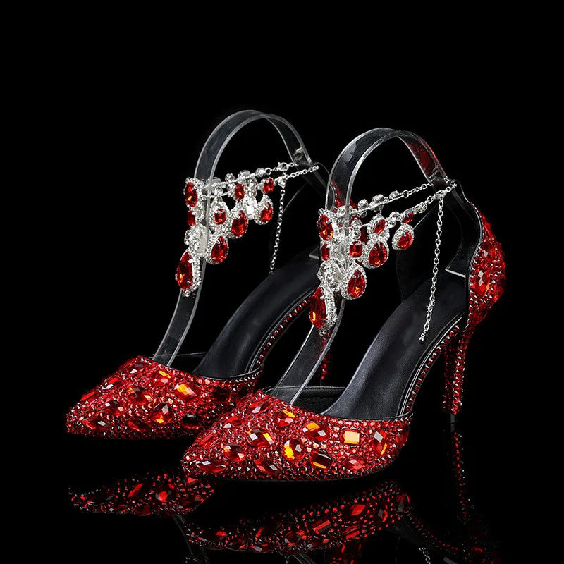 Elegant black high heels with crystal pendant embellishments, perfect for prom, wedding, or banquet occasions by MC THE BLACK DIAMOND.