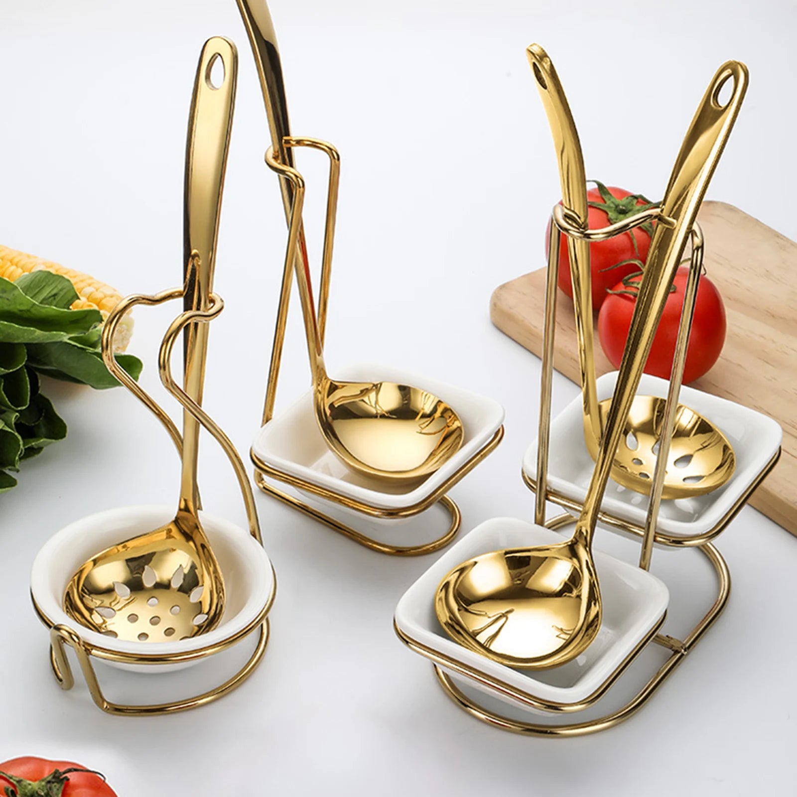Black slotted spoon with whisk and multifunctional spoon rest holder on a kitchen counter, ideal for hotpot and household cooking.