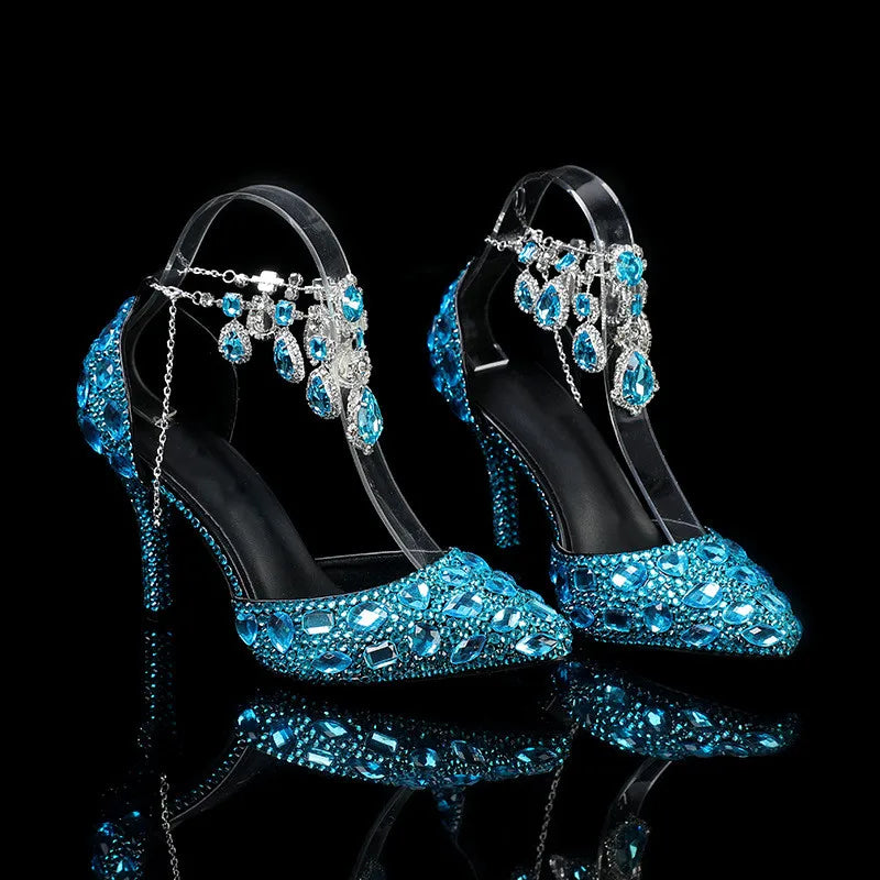 MC THE BLACK DIAMOND crystal pendant high heels for prom and wedding, elegant banquet shoes with sparkling embellishments.