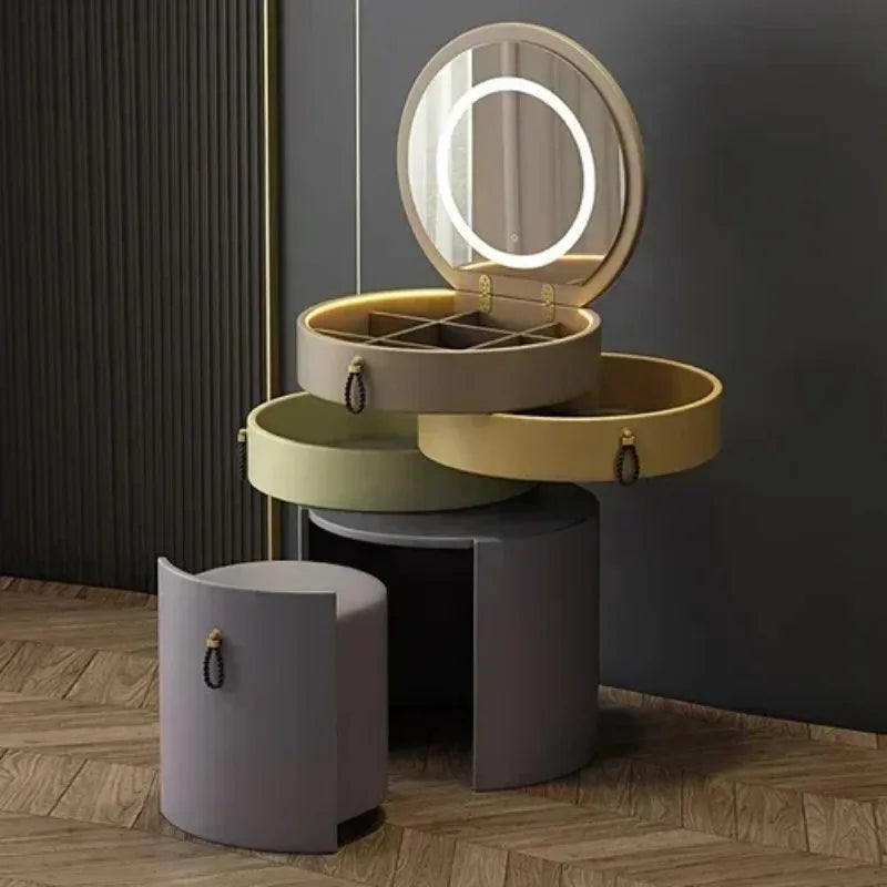 Modern MC THE BLACK DIAMOND makeup vanity with mirror, storage drawers, and matching stool, ideal for stylish dressing rooms.