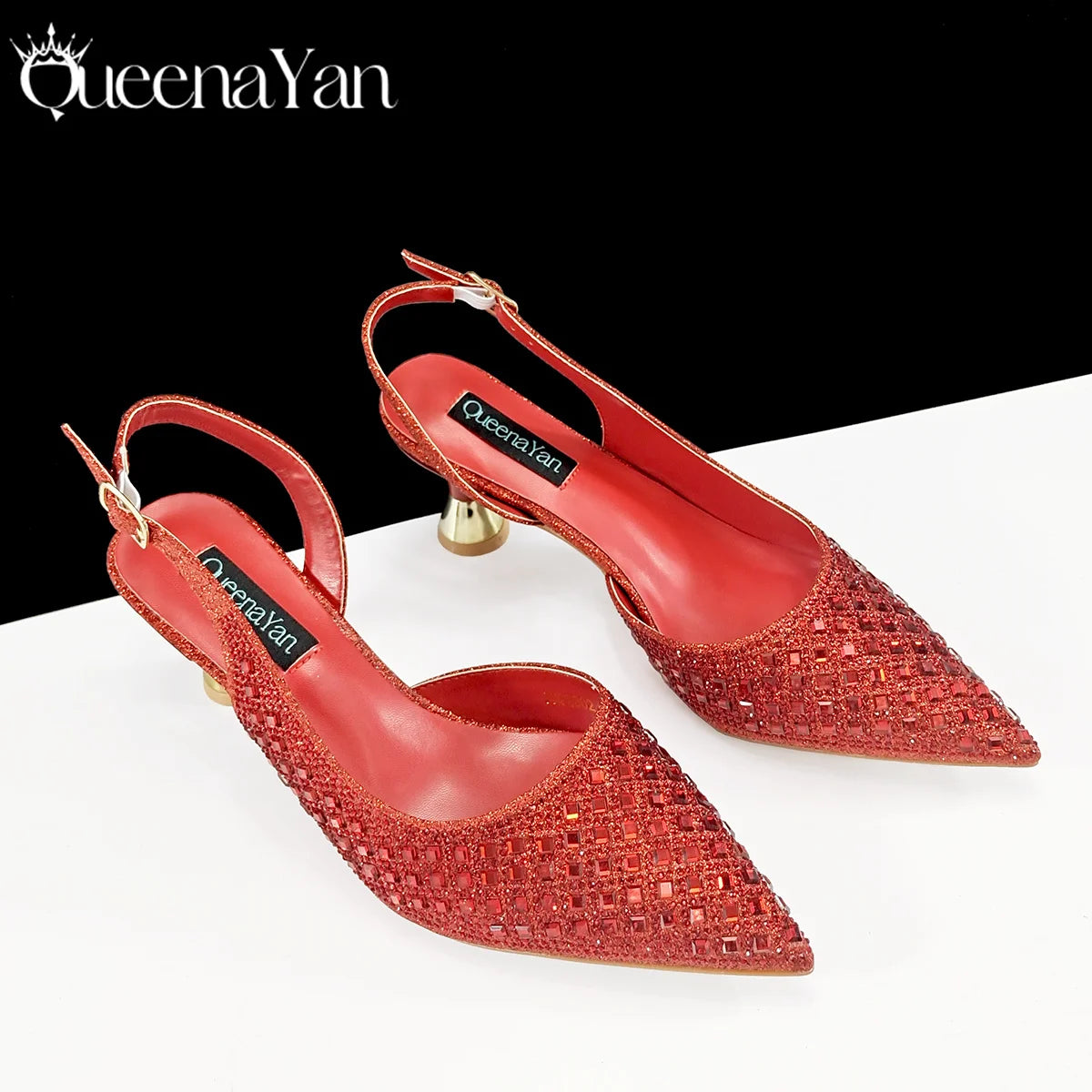Queena Yan Italian luxury green pointed toe high heel shoe and matching bag set with rhinestones for women’s party wear.